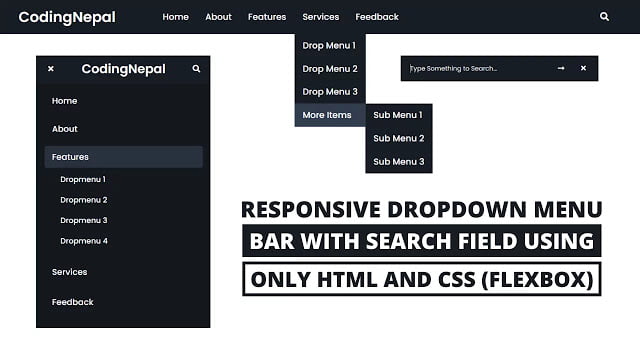 Responsive Dropdown Menu Bar with Search Field using only HTML & CSS